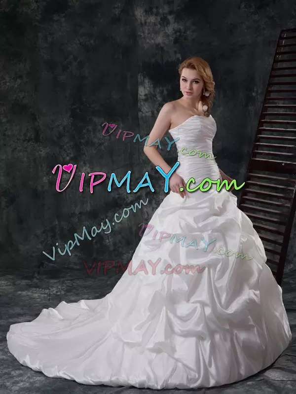 On Sale White Taffeta Lace Up Wedding Gown Sleeveless With Brush Train Ruching and Pick Ups