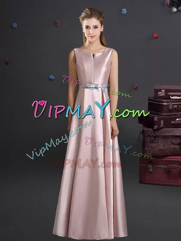 Glamorous Pink Sleeveless Elastic Woven Satin Zipper Bridesmaid Dress for Prom and Party and Wedding Party