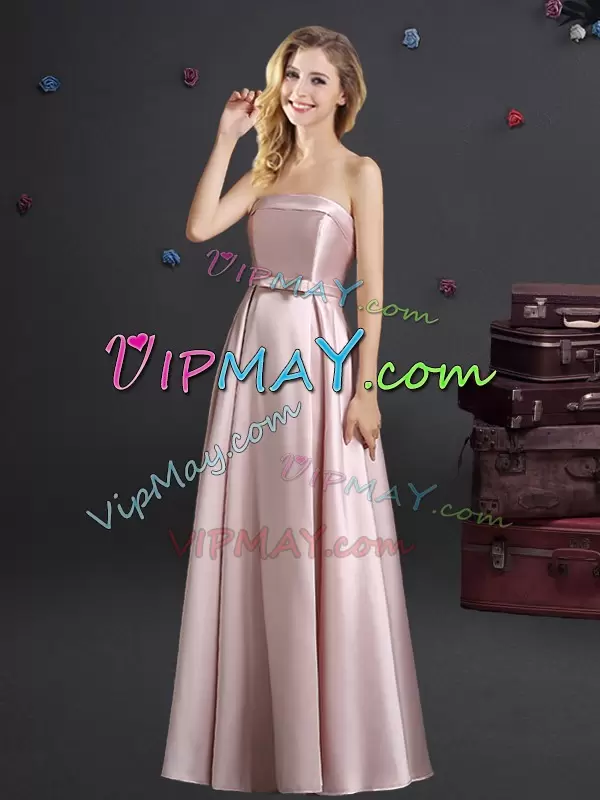 Glamorous Pink Sleeveless Elastic Woven Satin Zipper Bridesmaid Dress for Prom and Party and Wedding Party