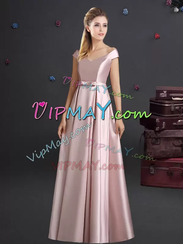 Glamorous Pink Sleeveless Elastic Woven Satin Zipper Bridesmaid Dress for Prom and Party and Wedding Party