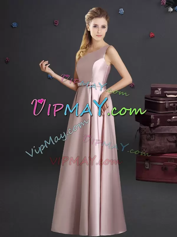 Glamorous Pink Sleeveless Elastic Woven Satin Zipper Bridesmaid Dress for Prom and Party and Wedding Party