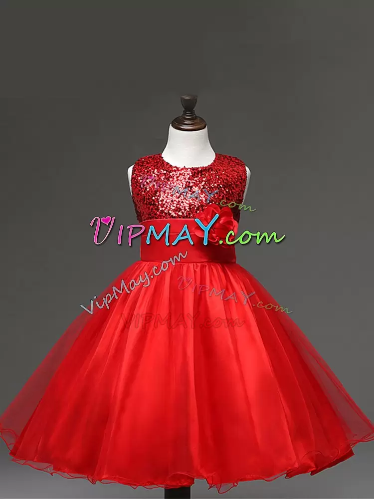 Red Scoop Neckline Sequins and Hand Made Flower Pageant Dress for Teens Sleeveless Zipper