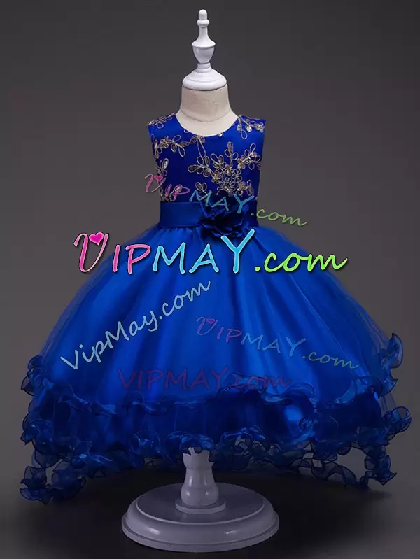 High Low Zipper Kids Formal Wear Royal Blue for Wedding Party with Appliques and Hand Made Flower