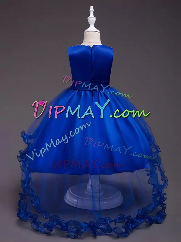 High Low Zipper Kids Formal Wear Royal Blue for Wedding Party with Appliques and Hand Made Flower