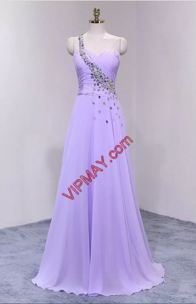 Lavender One Shoulder Zipper Beading Bridesmaid Dress Sweep Train Sleeveless