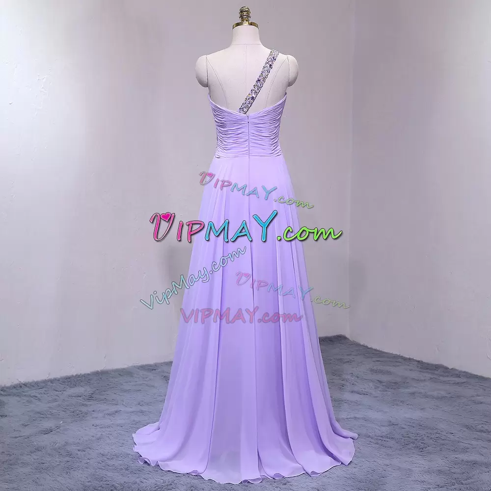 Lavender One Shoulder Zipper Beading Bridesmaid Dress Sweep Train Sleeveless