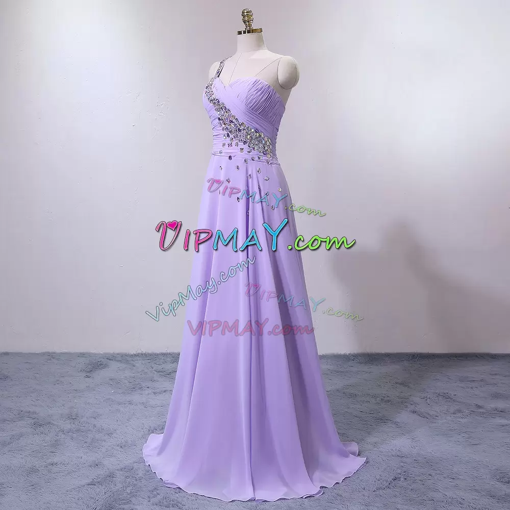 Lavender One Shoulder Zipper Beading Bridesmaid Dress Sweep Train Sleeveless