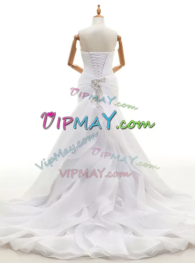 White Sleeveless Court Train Beading and Ruffles With Train Wedding Dresses