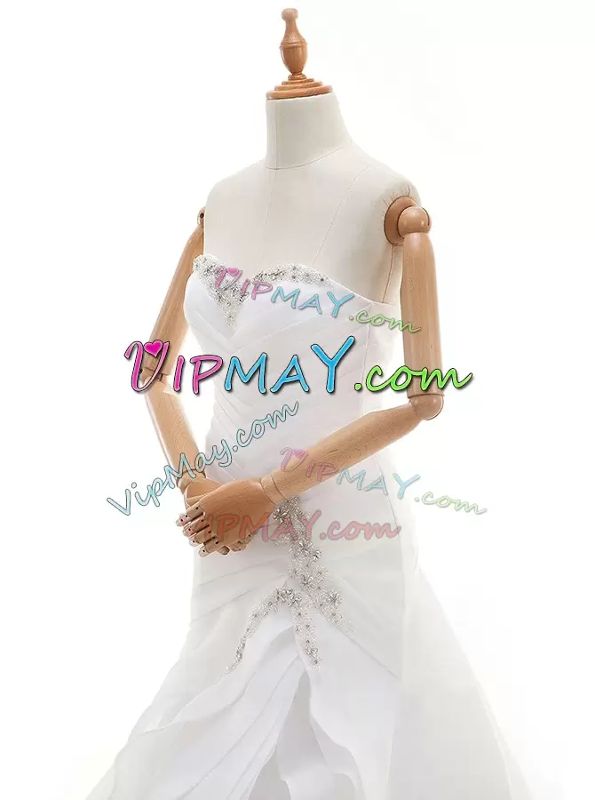 White Sleeveless Court Train Beading and Ruffles With Train Wedding Dresses