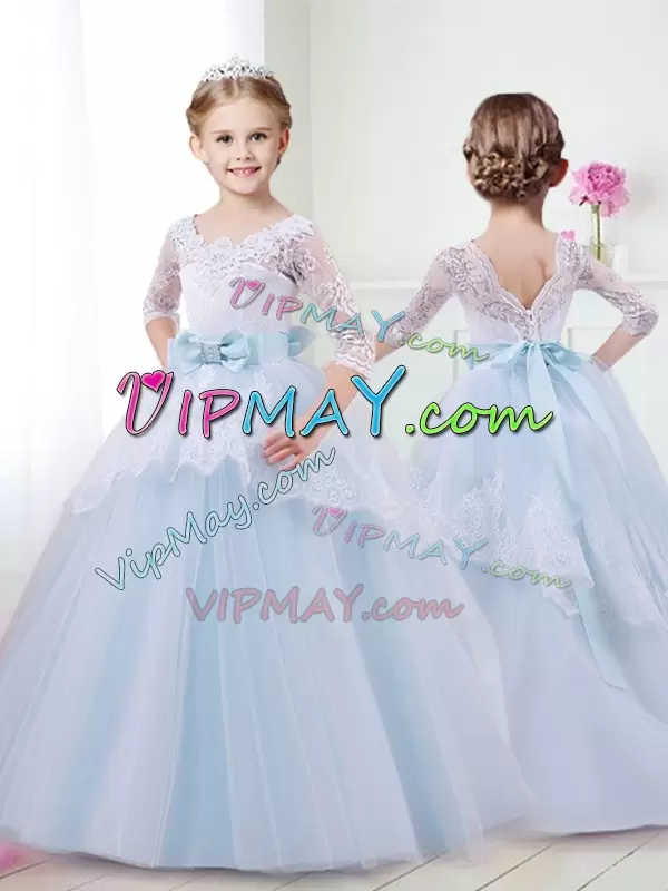 Light Blue Tulle Lace Up Scoop Half Sleeves With Train Flower Girl Dresses for Less Brush Train Lace and Bowknot