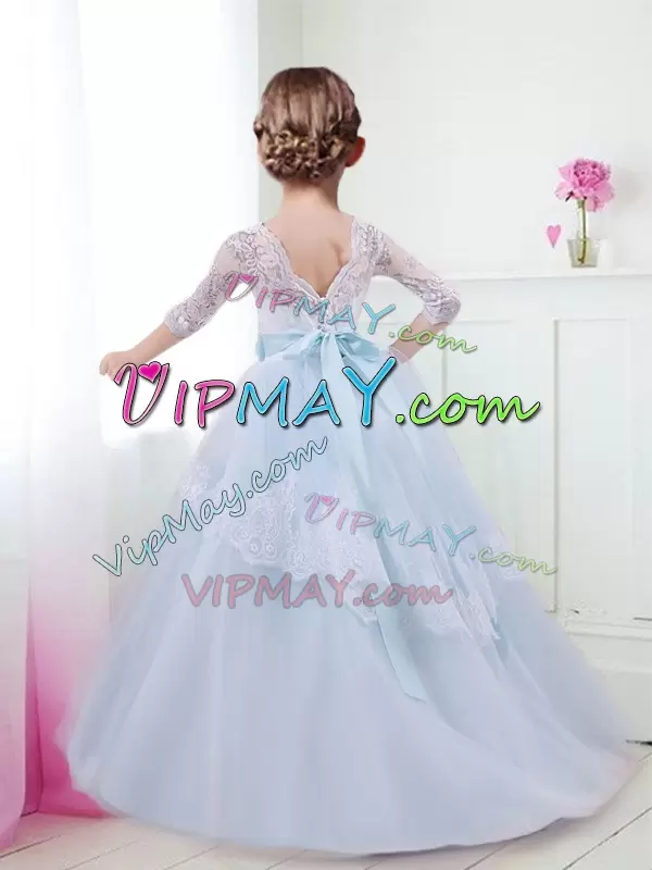 Light Blue Tulle Lace Up Scoop Half Sleeves With Train Flower Girl Dresses for Less Brush Train Lace and Bowknot