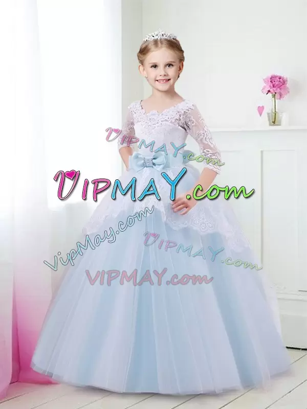 Light Blue Tulle Lace Up Scoop Half Sleeves With Train Flower Girl Dresses for Less Brush Train Lace and Bowknot