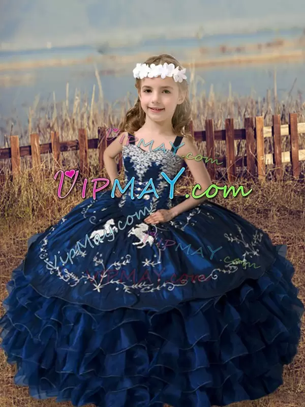 Navy Blue Ball Gowns Embroidery and Ruffled Layers Pageant Gowns Lace Up Organza Sleeveless Floor Length