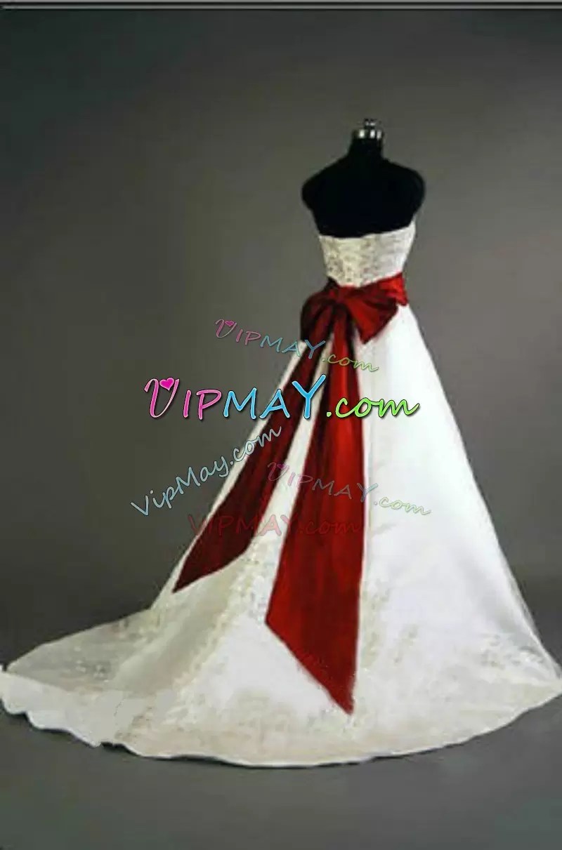 Elegant Strapless Sleeveless Sweep Train Lace Up Wedding Gowns White and Burgundy Satin Embroidery and Bowknot and Belt