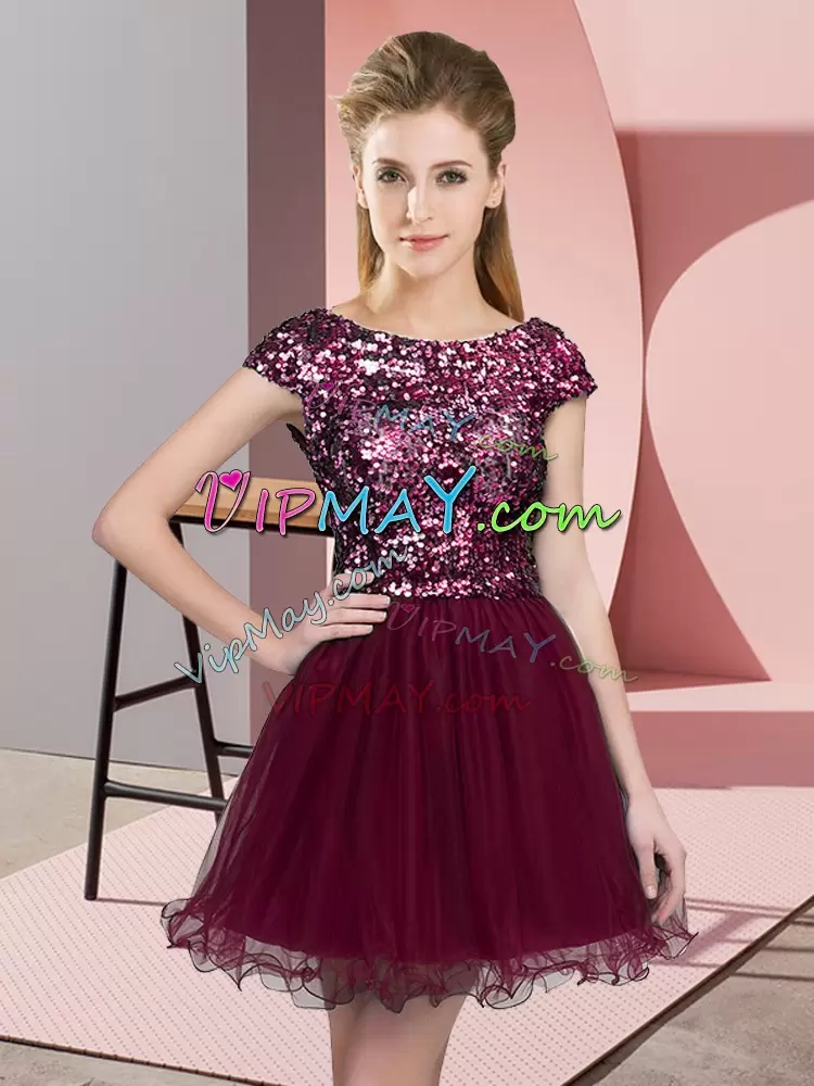 Burgundy Cap Sleeves Sequins Mini Length Wedding Party Dress