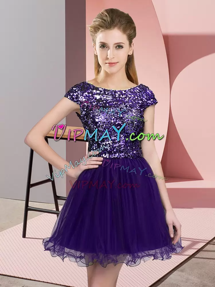 Purple Tulle Zipper Bridesmaid Dresses Cap Sleeves Mini Length Sequins