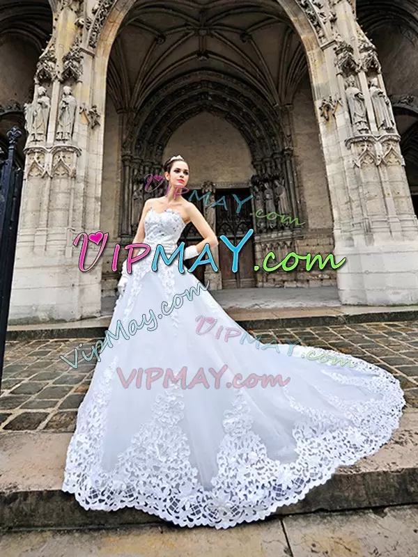 White Tulle Lace Up Bridal Gown Sleeveless With Train Chapel Train Beading and Appliques