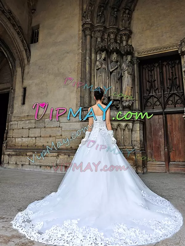 White Tulle Lace Up Bridal Gown Sleeveless With Train Chapel Train Beading and Appliques