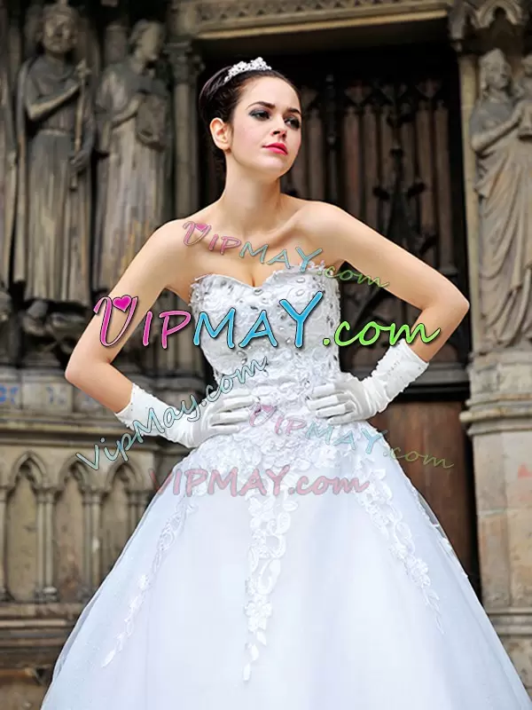 White Tulle Lace Up Bridal Gown Sleeveless With Train Chapel Train Beading and Appliques