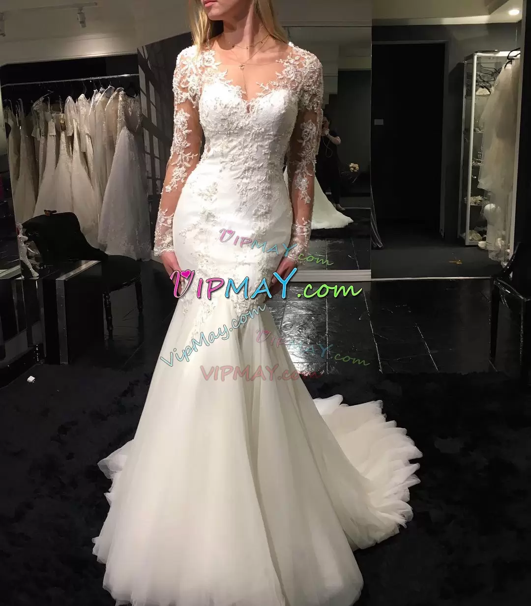 Perfect White Mermaid Tulle V-neck Long Sleeves Lace With Train Clasp Handle Wedding Gown Sweep Train