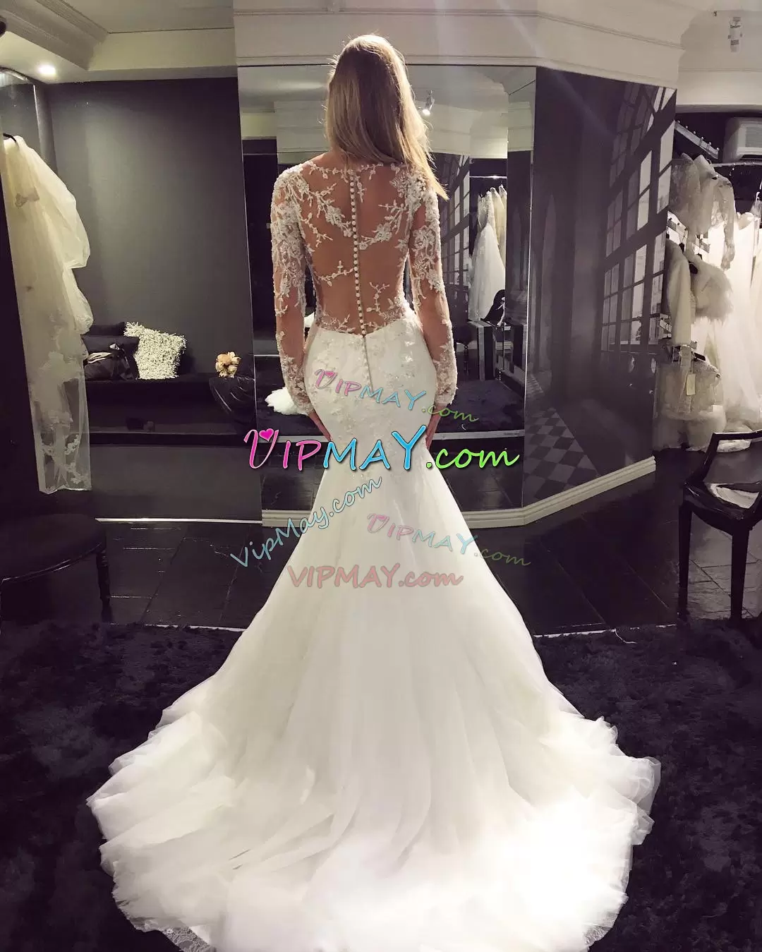Perfect White Mermaid Tulle V-neck Long Sleeves Lace With Train Clasp Handle Wedding Gown Sweep Train