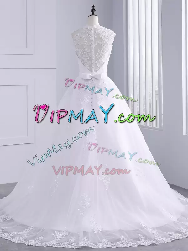 Modest White Wedding Gown High-neck Sleeveless Brush Train Zipper