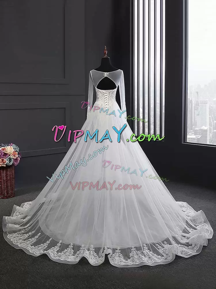 Dramatic White Tulle Lace Up Wedding Gown Long Sleeves Court Train Lace and Appliques