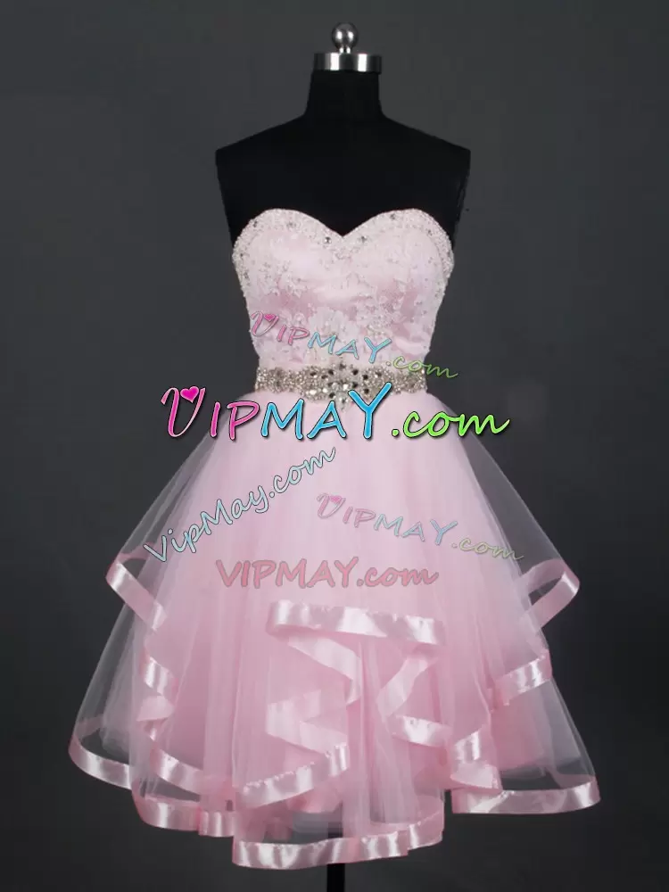 Sweetheart Sleeveless Quinceanera Court of Honor Dress Mini Length Beading and Lace and Ruffles Baby Pink Tulle