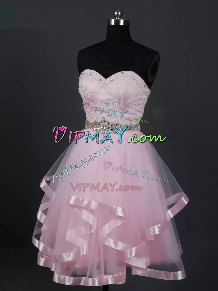 Sweetheart Sleeveless Quinceanera Court of Honor Dress Mini Length Beading and Lace and Ruffles Baby Pink Tulle