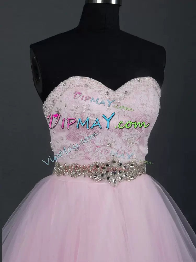 Sweetheart Sleeveless Quinceanera Court of Honor Dress Mini Length Beading and Lace and Ruffles Baby Pink Tulle