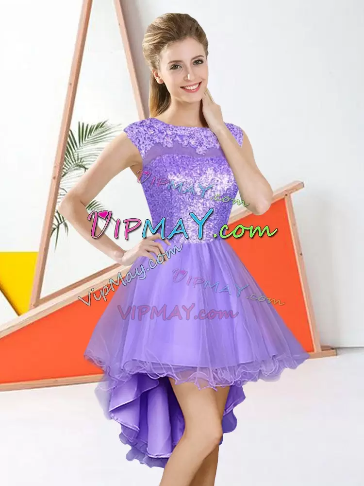 Lavender A-line Beading and Lace Wedding Guest Dresses Backless Organza Sleeveless High Low