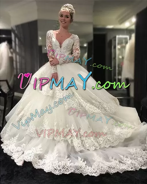 Long Sleeves Tulle With Train Cathedral Train Backless Wedding Gowns in White with Beading and Appliques