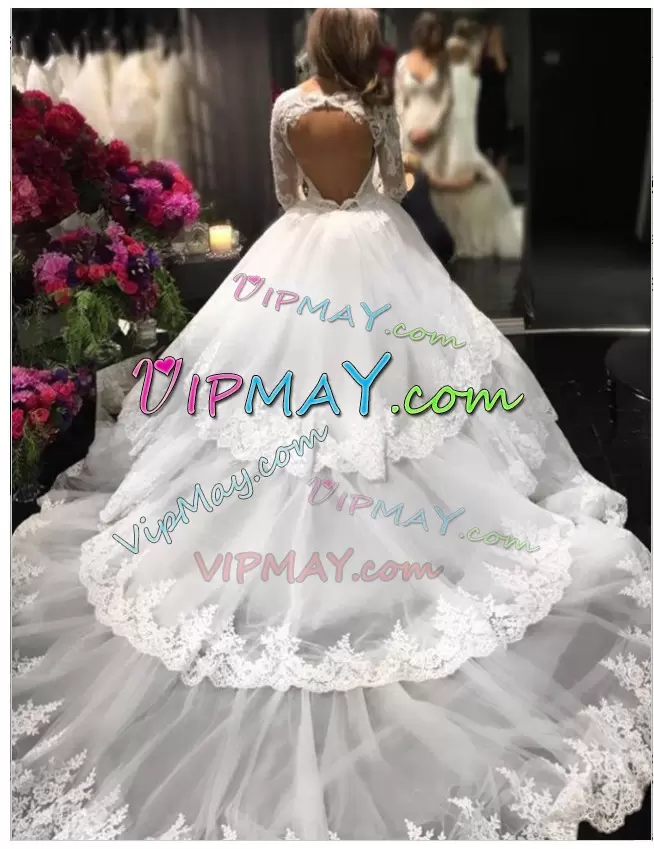 Long Sleeves Tulle With Train Cathedral Train Backless Wedding Gowns in White with Beading and Appliques