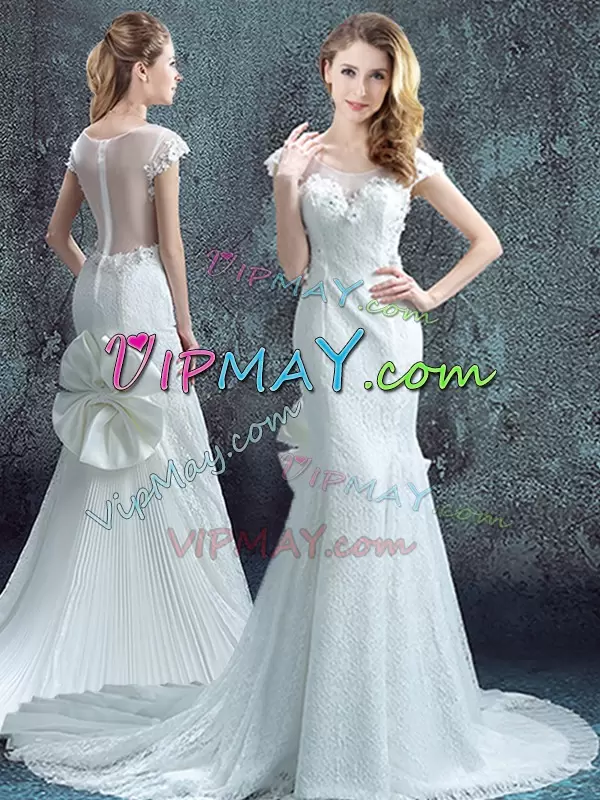 Great White Short Sleeves With Train Lace and Bowknot and Pleated Zipper Red Carpet Gowns Scoop