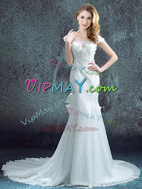 Great White Short Sleeves With Train Lace and Bowknot and Pleated Zipper Red Carpet Gowns Scoop