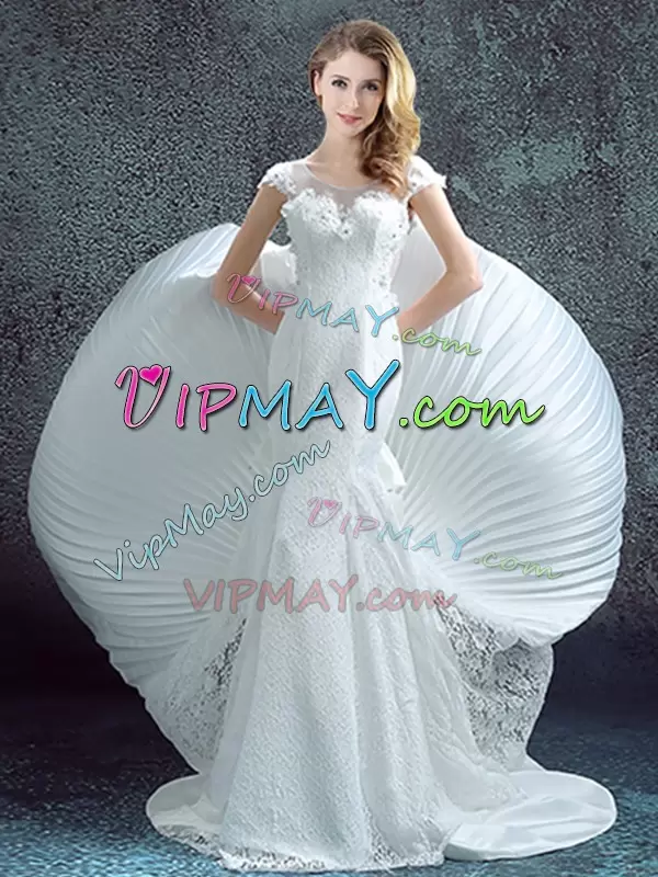 Great White Short Sleeves With Train Lace and Bowknot and Pleated Zipper Red Carpet Gowns Scoop