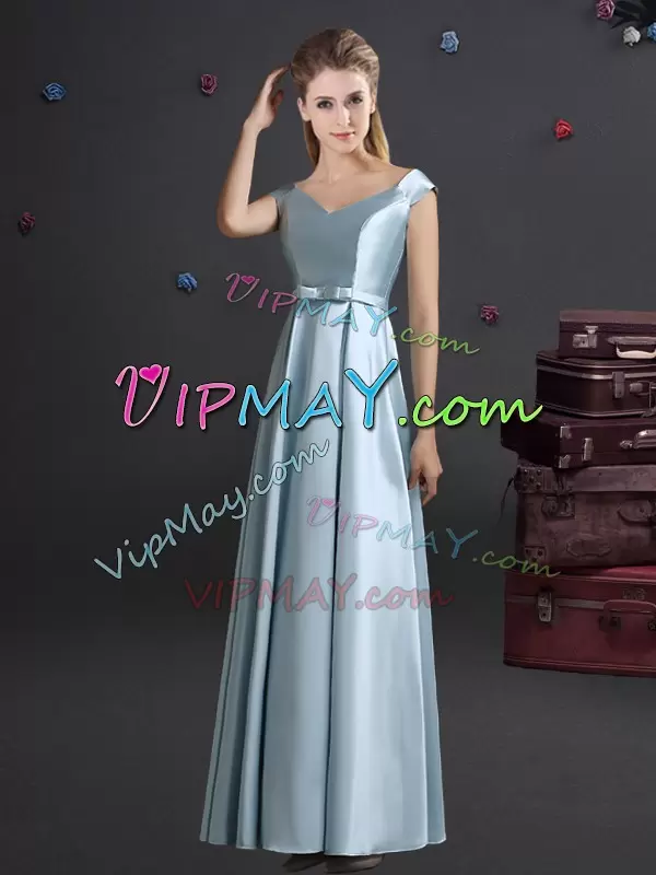 Off The Shoulder Cap Sleeves Bridesmaids Dress Floor Length Bowknot Light Blue Elastic Woven Satin