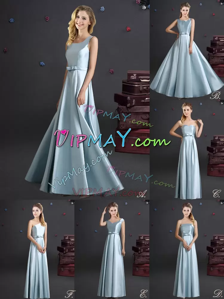 Off The Shoulder Cap Sleeves Bridesmaids Dress Floor Length Bowknot Light Blue Elastic Woven Satin