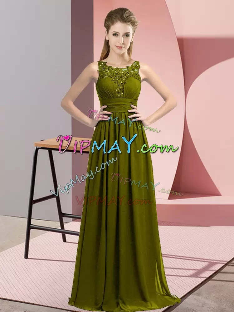 Olive Green Chiffon Zipper Bridesmaid Gown Sleeveless Floor Length Beading and Appliques