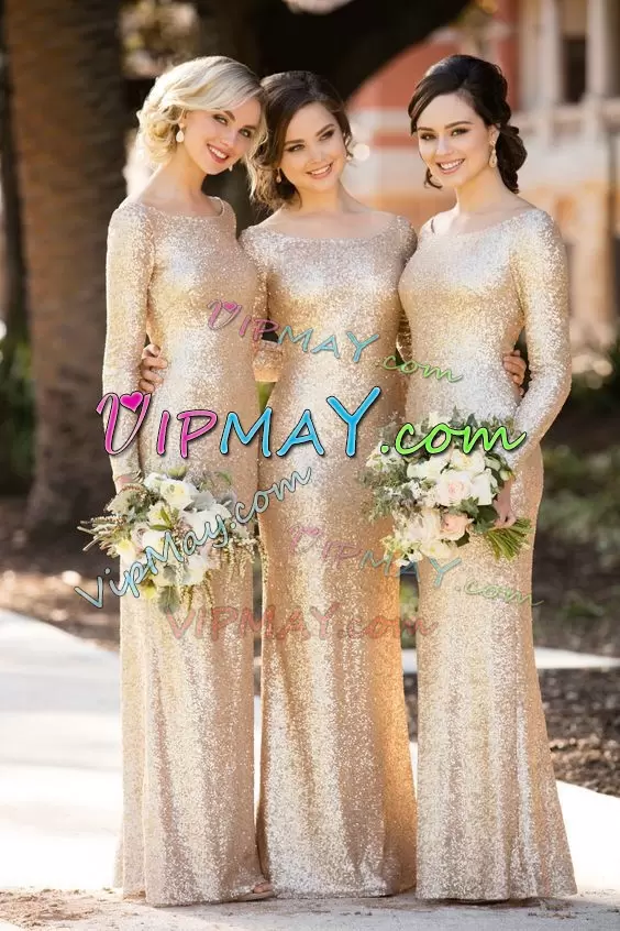 Fine Gold Column Sheath Sequins Wedding Guest Dresses Long Sleeves Floor Length