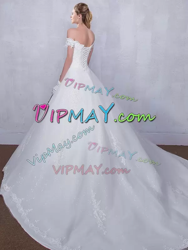 White Sleeveless Court Train Lace With Train Wedding Dress