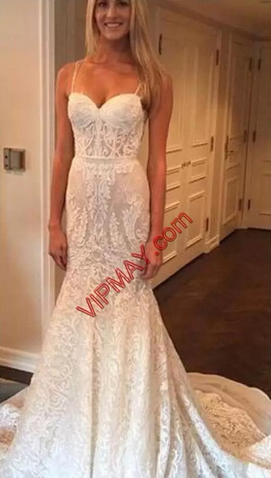 New Arrival White Backless Wedding Gown Lace Sleeveless With Train Court Train