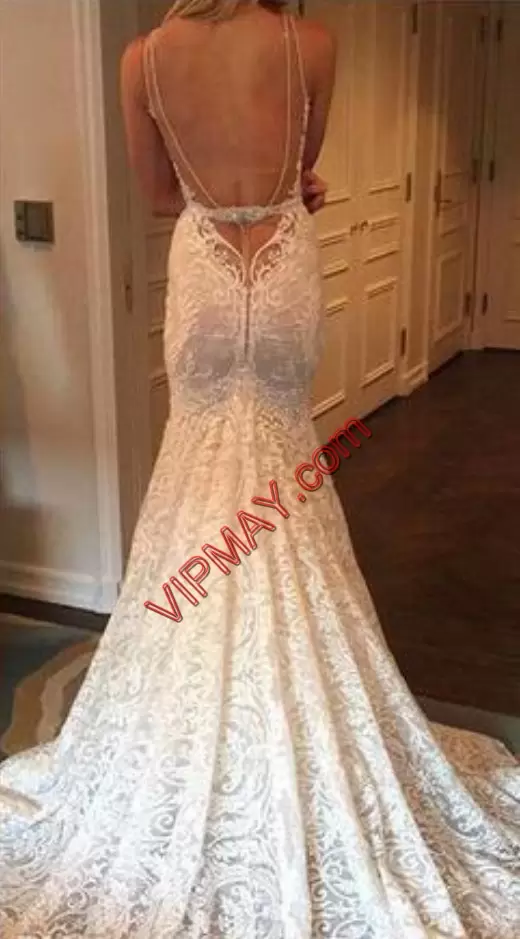 New Arrival White Backless Wedding Gown Lace Sleeveless With Train Court Train