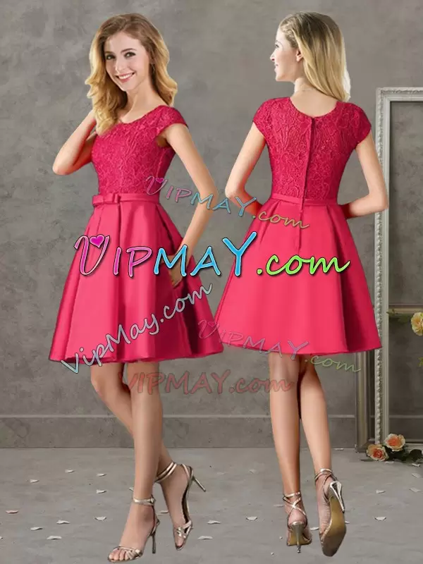 Best Red Satin Zipper Wedding Guest Dresses Short Sleeves Mini Length Lace