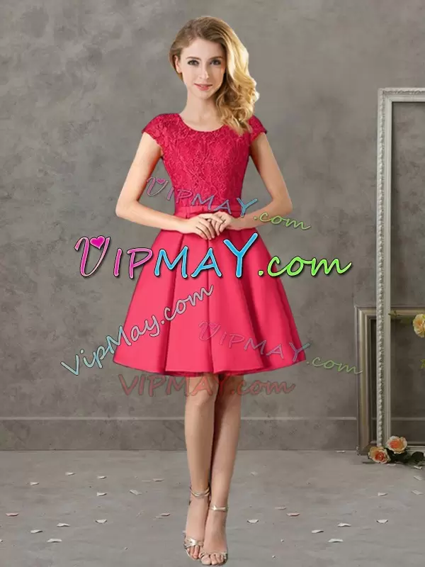 Best Red Satin Zipper Wedding Guest Dresses Short Sleeves Mini Length Lace