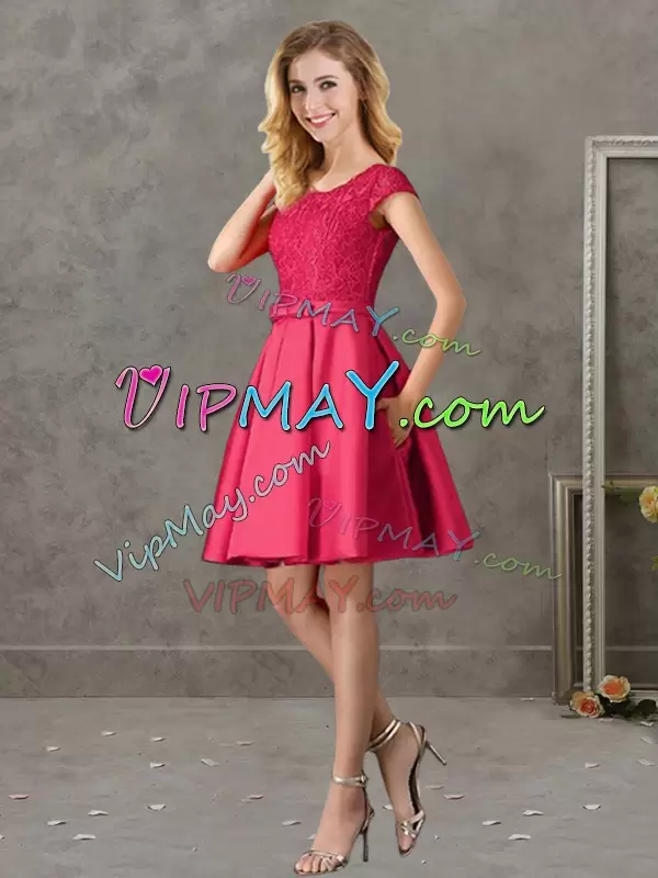 Best Red Satin Zipper Wedding Guest Dresses Short Sleeves Mini Length Lace