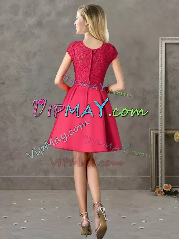 Best Red Satin Zipper Wedding Guest Dresses Short Sleeves Mini Length Lace