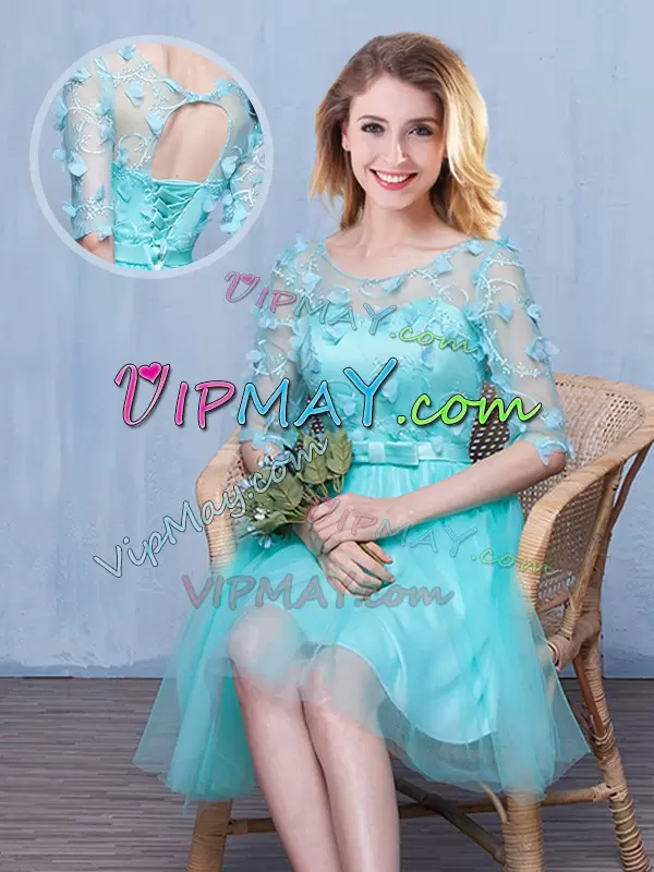 Attractive Scoop Half Sleeves Lace Up Bridesmaid Dress Aqua Blue Tulle Lace and Appliques and Bowknot