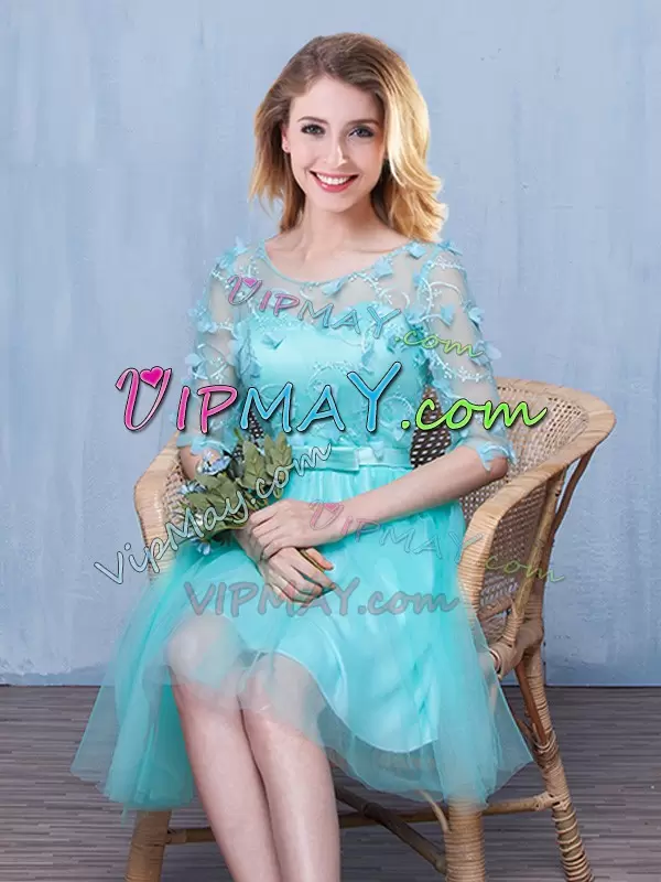 Attractive Scoop Half Sleeves Lace Up Bridesmaid Dress Aqua Blue Tulle Lace and Appliques and Bowknot