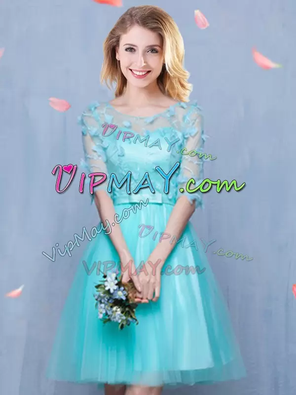 Attractive Scoop Half Sleeves Lace Up Bridesmaid Dress Aqua Blue Tulle Lace and Appliques and Bowknot